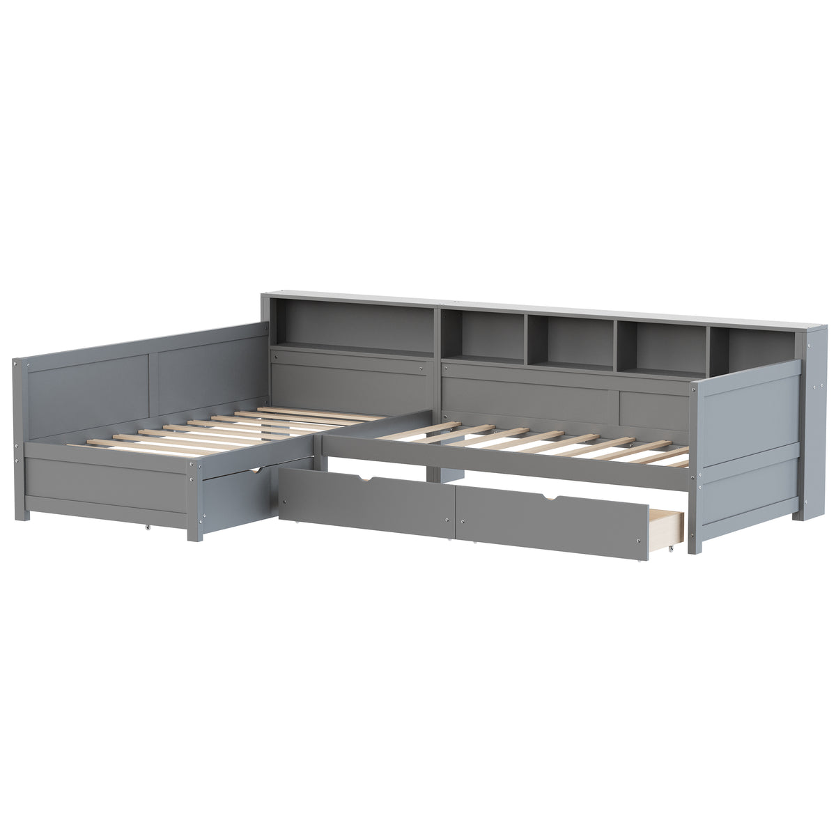variant-group:rf-n733s369272e|Roomfitters Twin L-Shaped Daybed for 2 with 3 Storage Drawers, Wooden Corner Bed Frame with Bookshelf for Bedroom, Gray