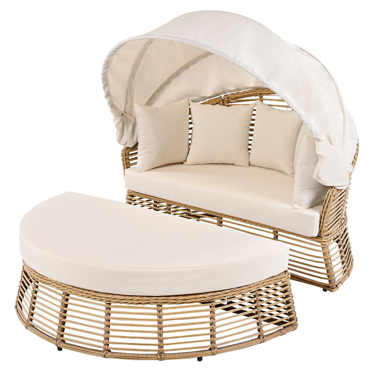 Roomfitters Outdoor Patio Rattan Round Daybed with Retractable Canopy and Removable Wicker Sectional Cushions Roomfitters