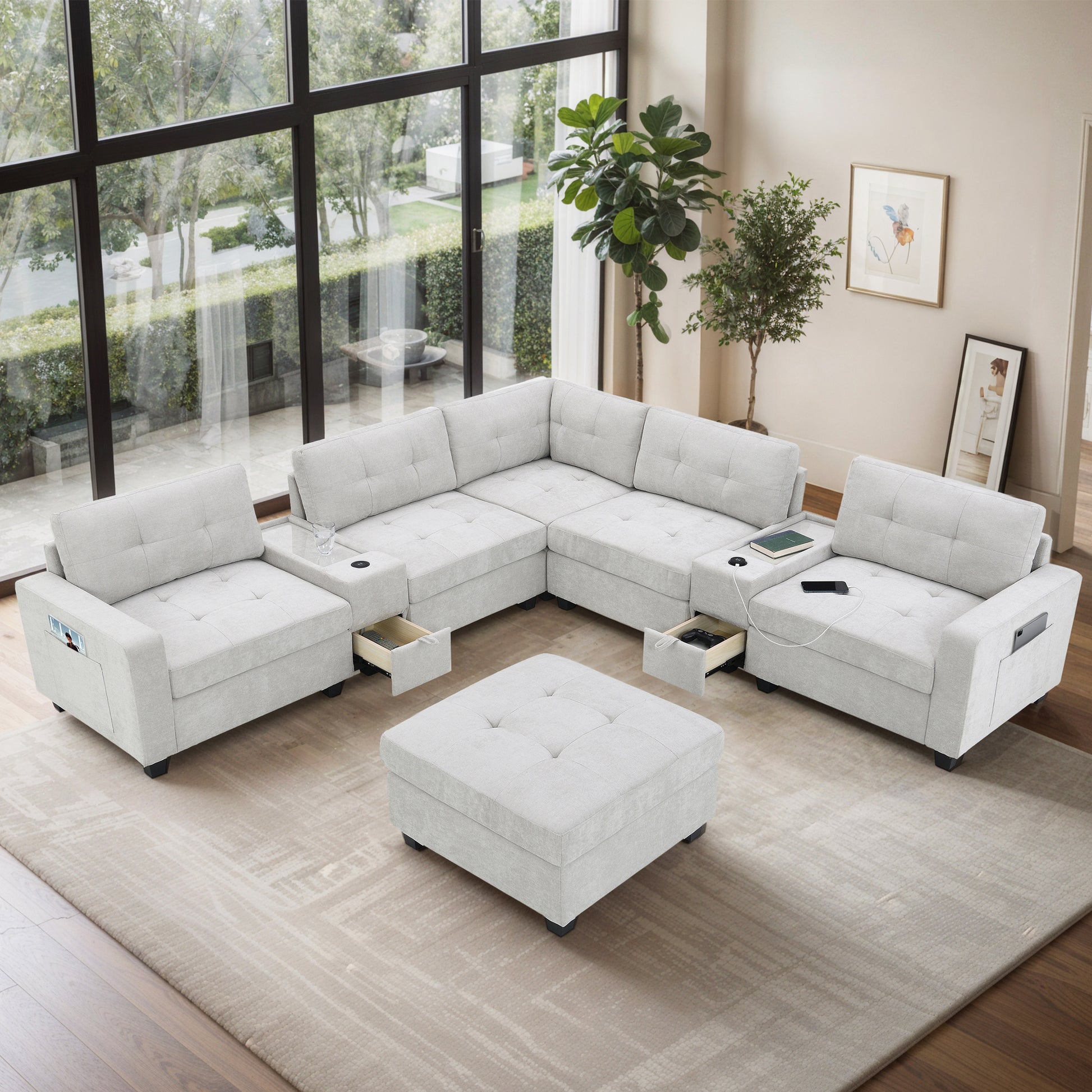 variant-group:rf-n723s1191k|Roomfitters 104 Inch Modular Sectional Sofa with Console and Cup Holders, Upholstered L-Shape Couch for Home Decor, Light Gray