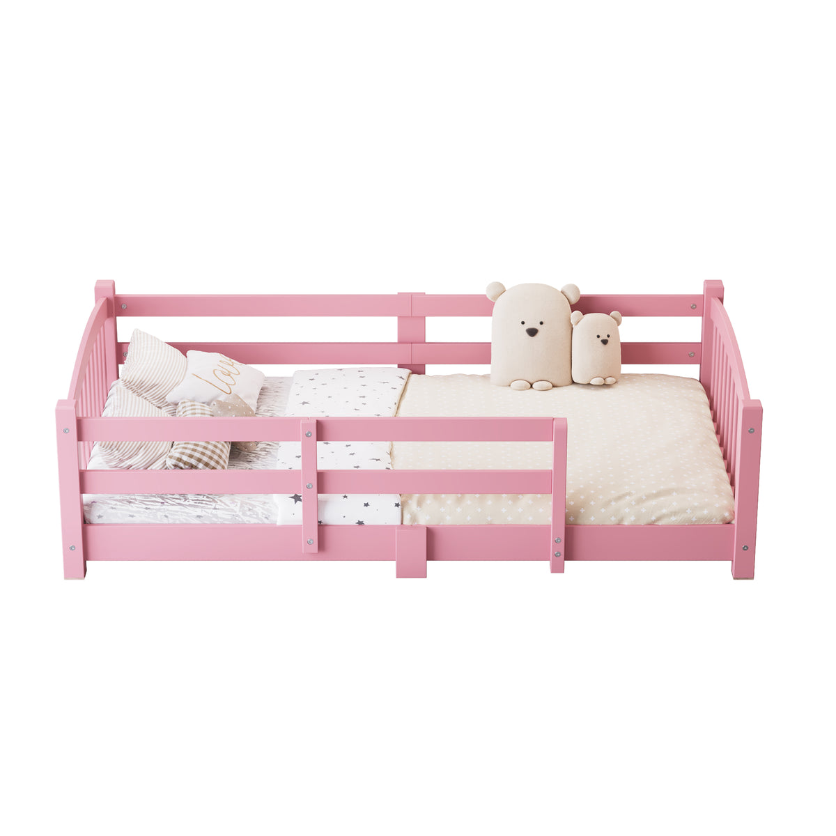 variant-group:rf-n733p400298h|Roomfitters Twin Montessori Floor Bed with Guardrails, Solid Wood Low Platform Bed with Slats, Easy Assembly, Pink