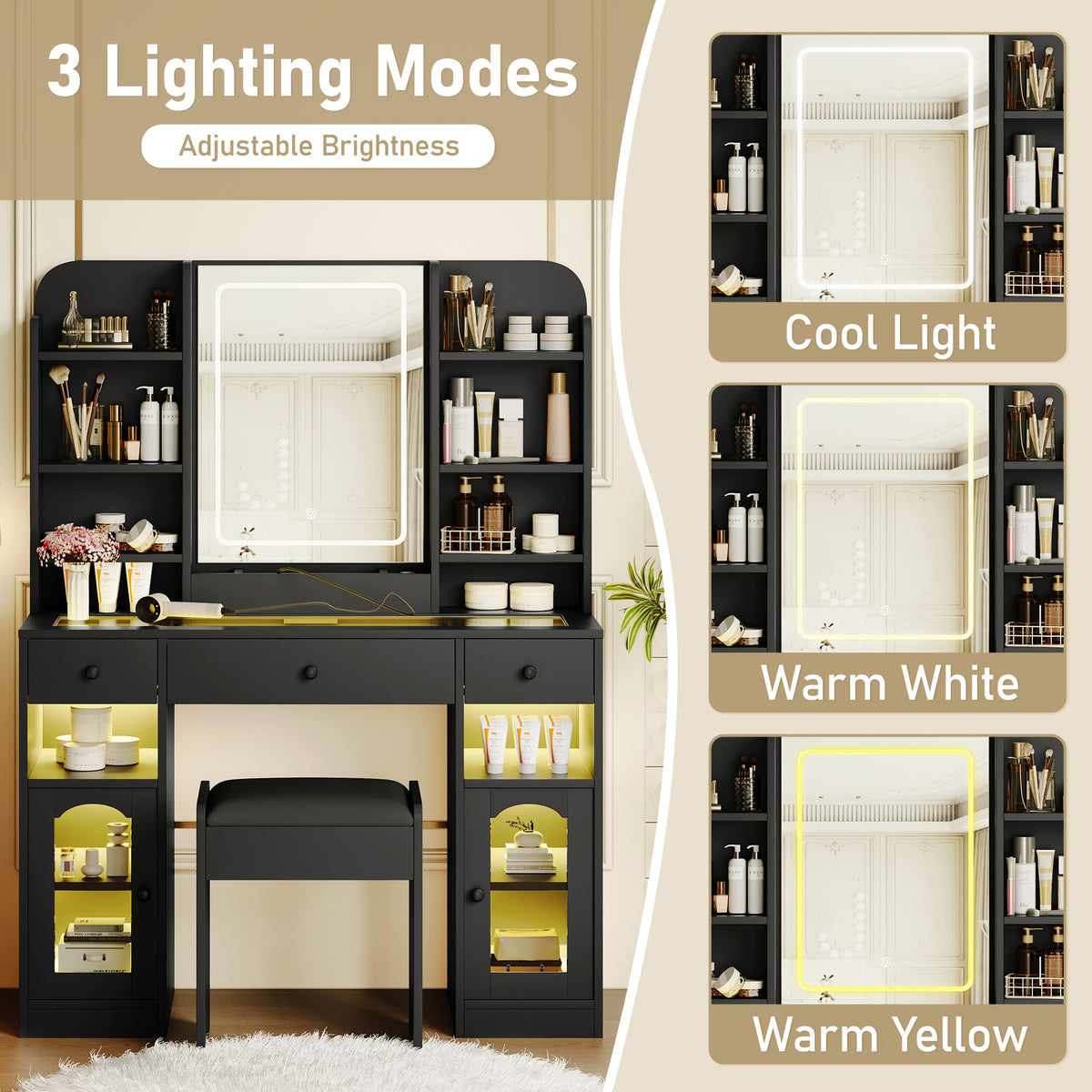 variant-group:rf-n704p407114b|Roomfitters 43.2" Makeup Vanity Desk with LED Lighted Mirror, Glass Door Cabinets, Charging Station and Stool, Black