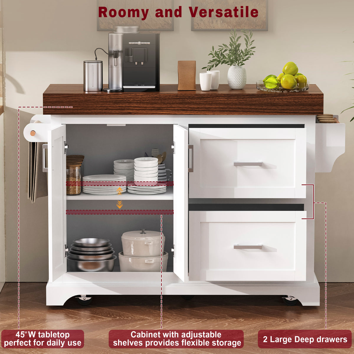 variant-group:rf-n707s000025w|Roomfitters 53" Kitchen Island with Butcher Block Top, Storage Cabinet with Drawers, Spice Rack and Towel Holder, White