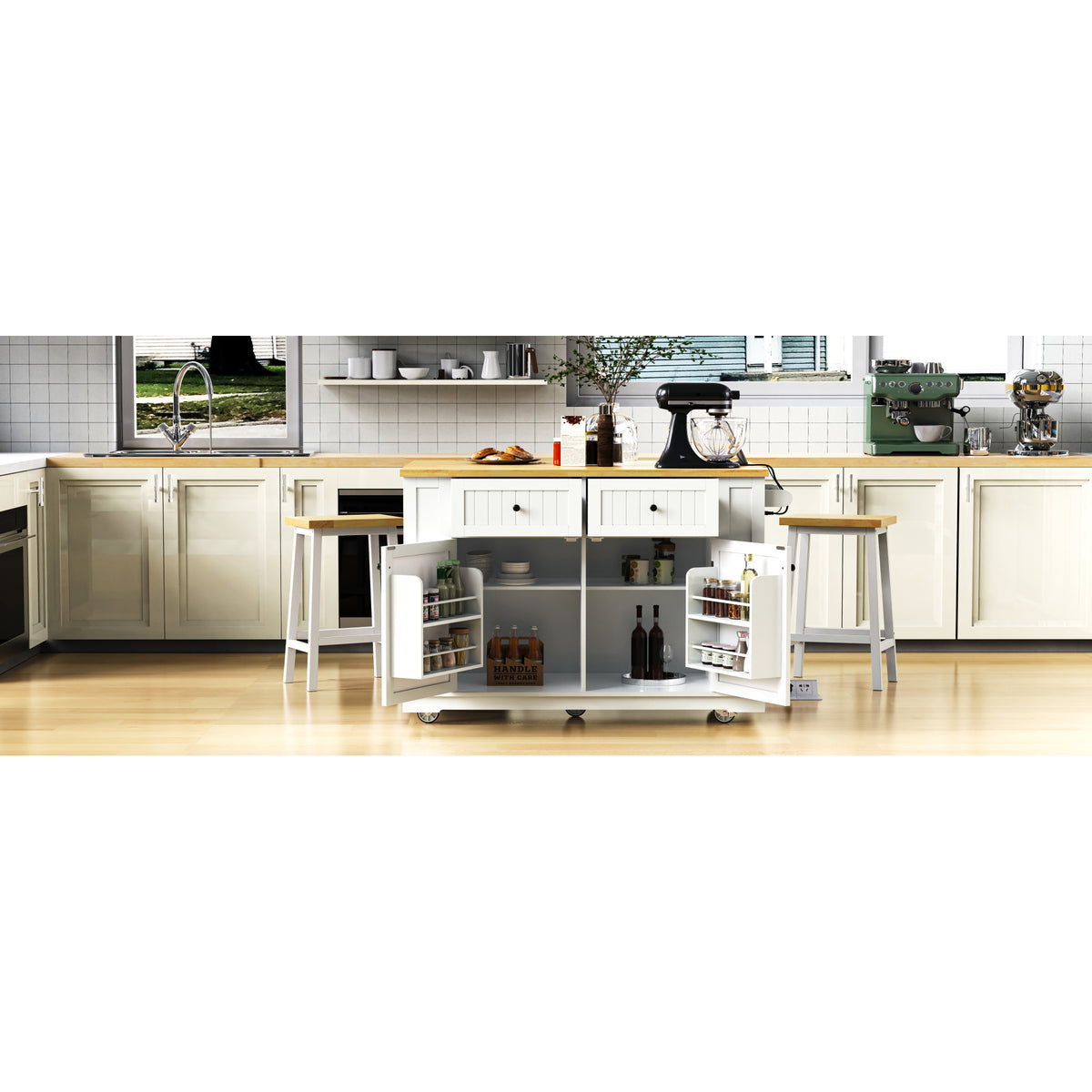 variant-group:rf-n707s257057w|Roomfitters 48" Kitchen Island with Power Outlet and Drop Leaf, Rolling Storage Cabinet with Wood Top and Spice Rack, White