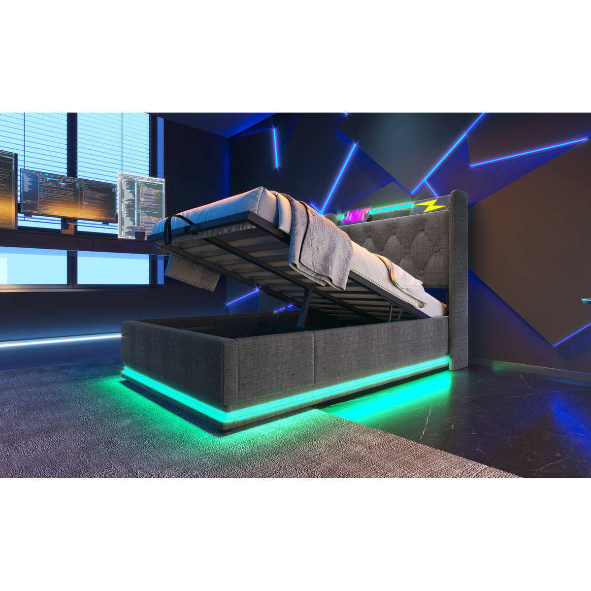 variant-group:rf-n736p188805g|Roomfitters Twin Size Upholstered Storage Bed with USB Type-C Charging and Remote Control, Linen Gray