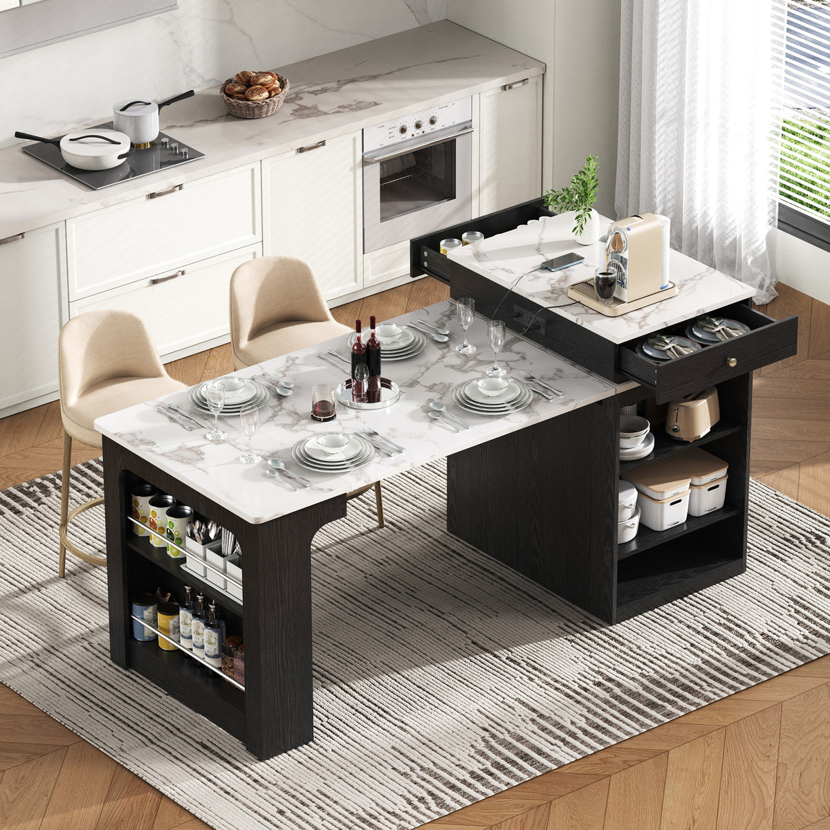 variant-group:rf-n707s000017b|Roomfitters 59.5" Kitchen Island with 41.8" Extendable Dining Table, Double-Sided Storage, Power Outlet, 2 Drawers, Black