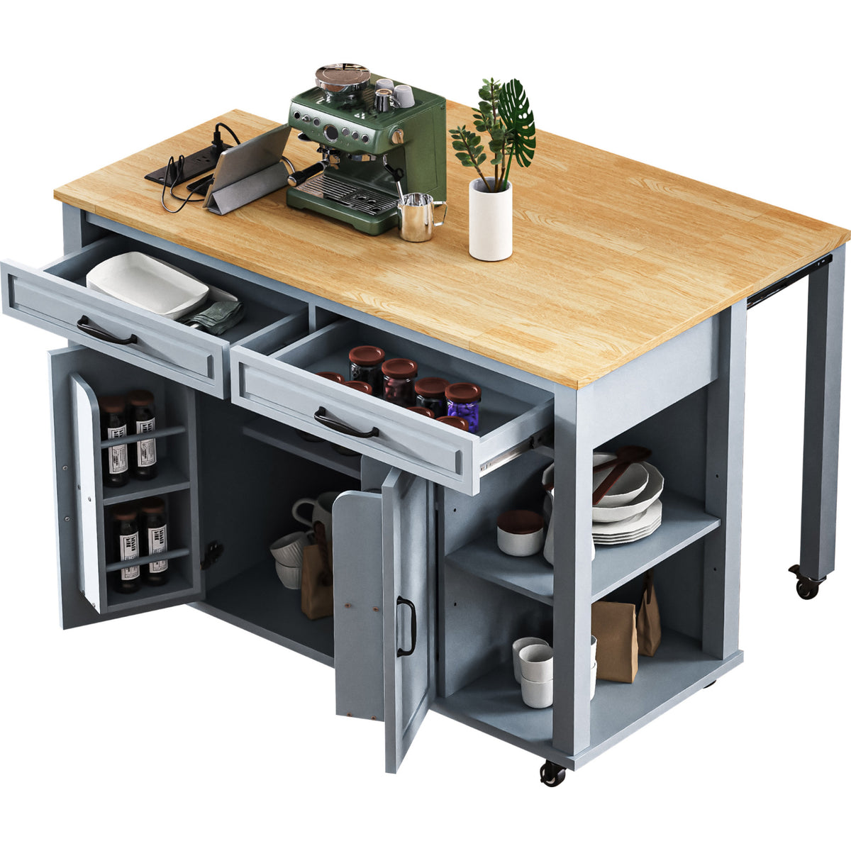 variant-group:rf-n707p215327g|Roomfitters 47" Kitchen Island with Extendable Dining Table, Storage Cabinet, Power Outlet, Rubber Wood Veneer, Grey Blue