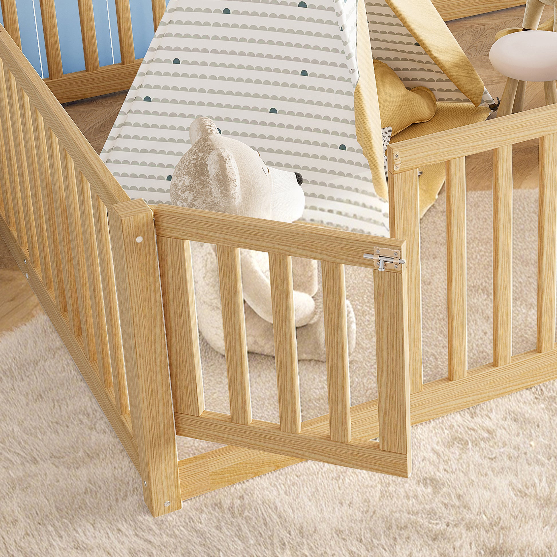 variant-group:rf-w1580p417673|Roomfitters Queen Size Wooden Floor Bed with Safety Guardrails Door, Solid Wood Low Profile Toddler Bed Frame, Natural