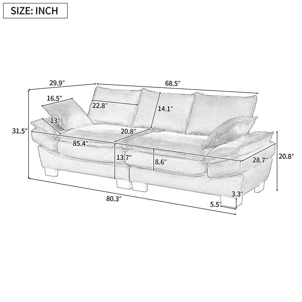 variant-group:rf-n711p192059e|Roomfitters 85.4" Modern Curved Sofa, Back Upholstered Couch with 2 Decorative Throw Pillows, Corduroy Fabric Couch for Living Room, Bedroom, Apartment, Gray
