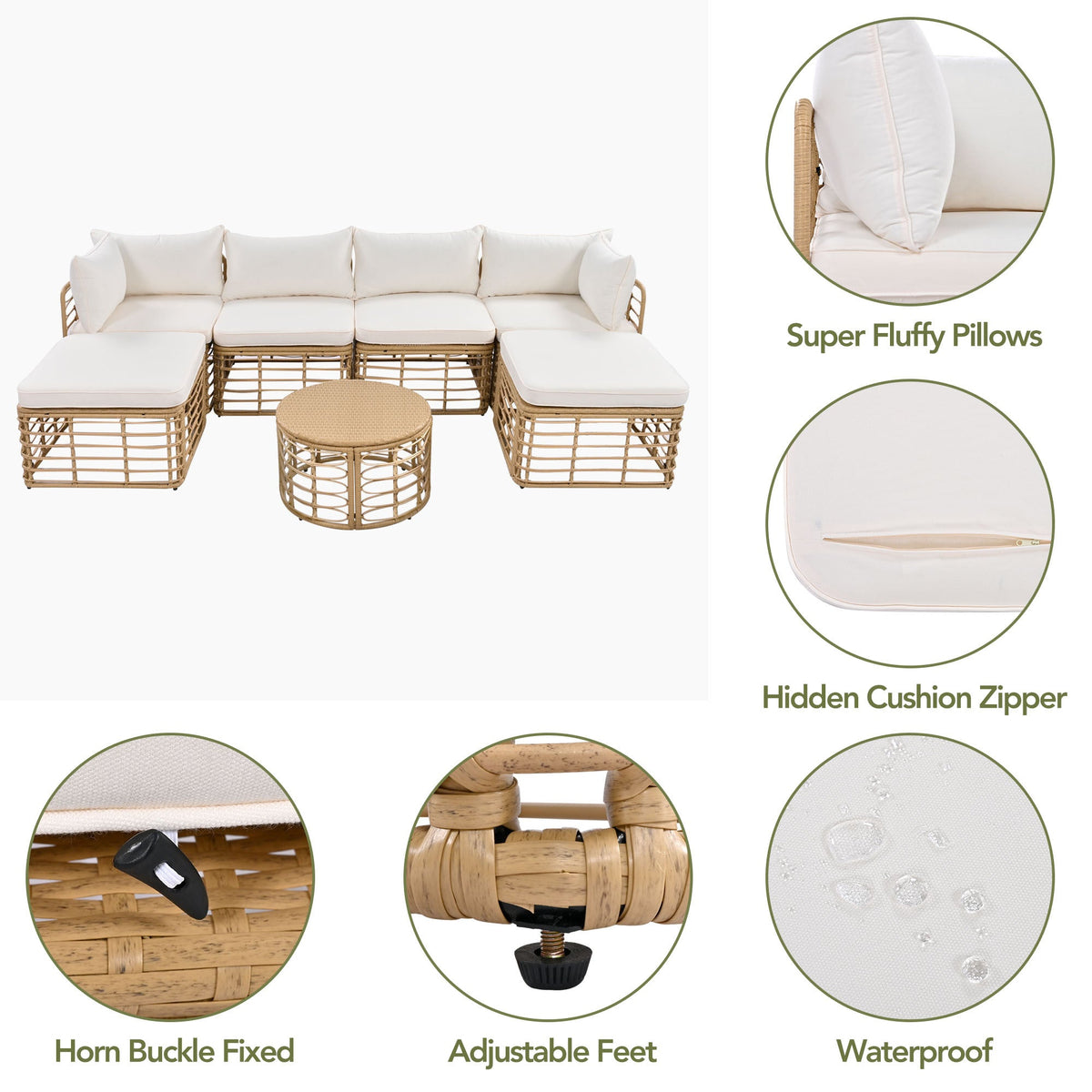 Roomfitters 7 Pieces Outdoor Patio Furniture, All-Weather Rattan Sectional Sofa Set with Thick Cushions and Pillows, Freely Combined Conversation Sets for Garden, Backyard, Balcony, Beige Roomfitters
