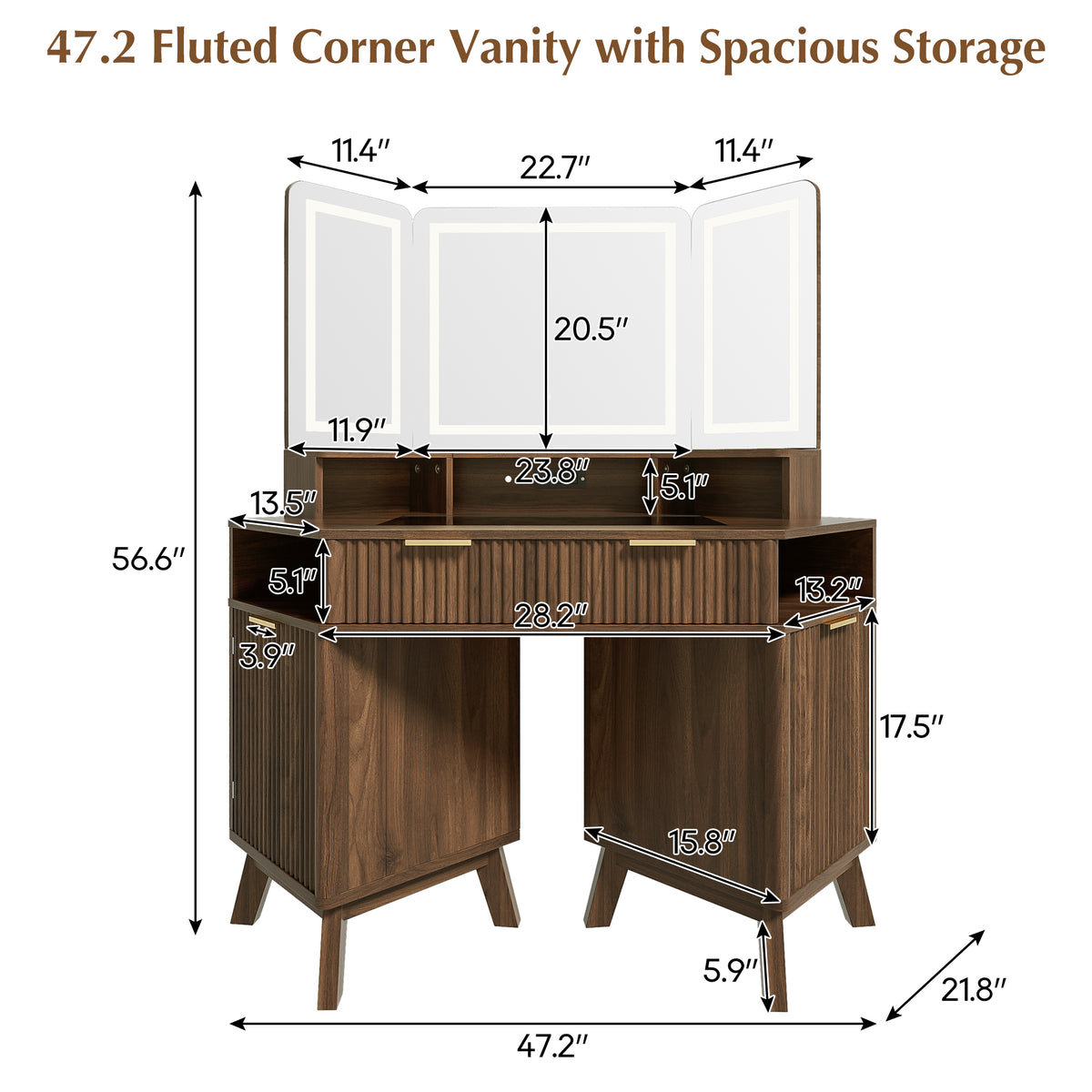 variant-group:rf-n704p392485p|Roomfitters 47.2" Corner Makeup Vanity Desk with 3-Panel LED Mirror, Glass Top, Charging Station and Storage Hutch, Walnut