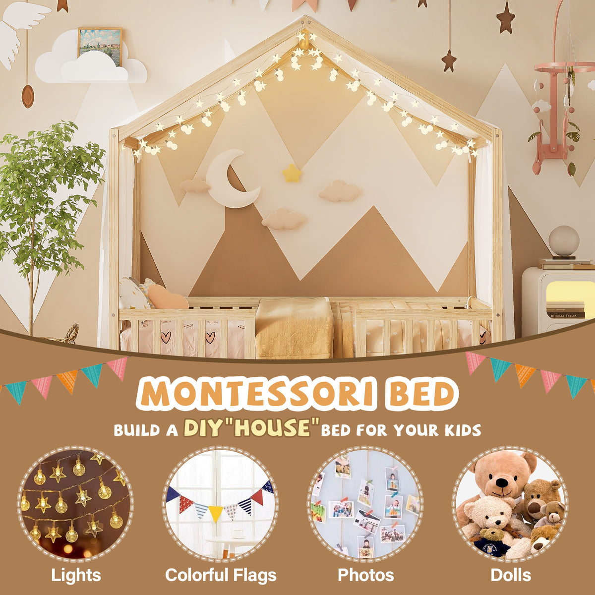 variant-group:rf-n733p356043m|Roomfitters Twin Montessori Floor Bed with Canopy, House Shape Wood Frame with Safety Rails, Youth Platform Bed, Natural