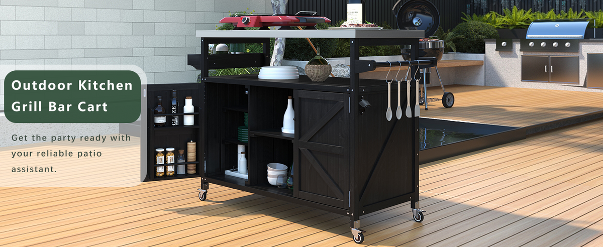 Roomfitters Outdoor Kitchen Island, Rolling Bar Cart with Storage Cabinet, Wood Grill Table, Stainless Steel Top, Spice Rack, Black