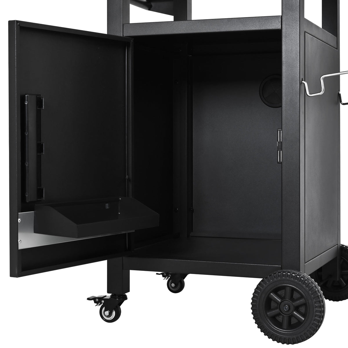 Roomfitters 33.9" Grill Cart with Stainless Steel Top, BBQ Prep Station with Spice Rack and Hamper Bag, Rolling Cart, Black