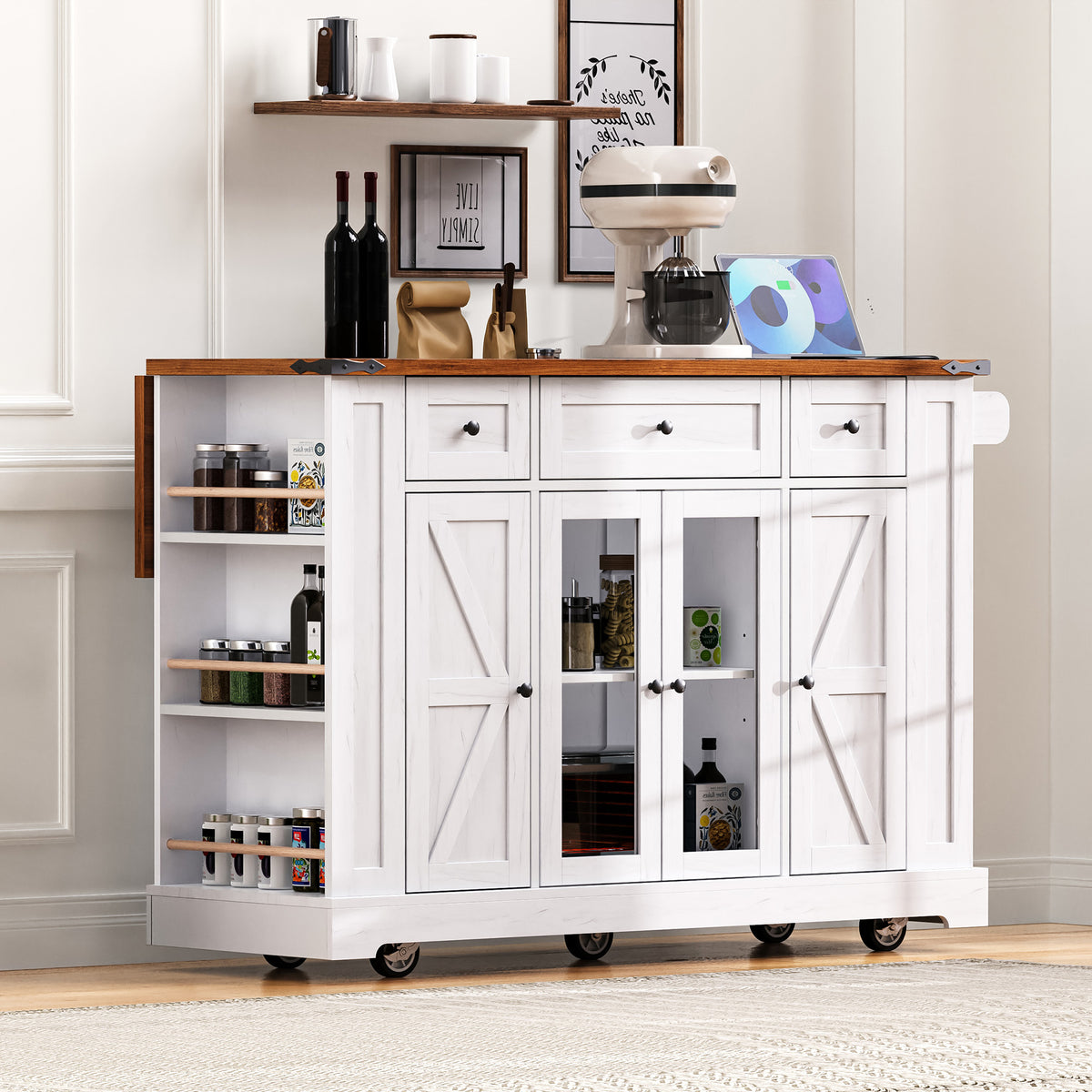 variant-group:rf-n707p263637w|Roomfitters 53" Rolling Kitchen Island with Drop Leaf, Mobile Cart with Glass Doors, 5 Side Shelves & Power Outlets, White