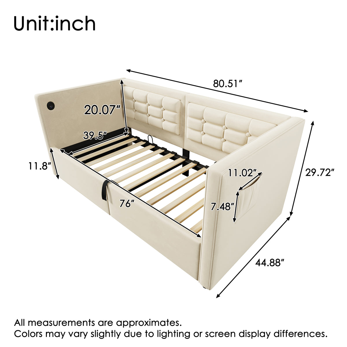 variant-group:rf-n736p303402b|Roomfitters Upholstered Twin Size Daybed with Storage, USB & Type-C Charging, Tufted Sofa Back, Velvet Beige