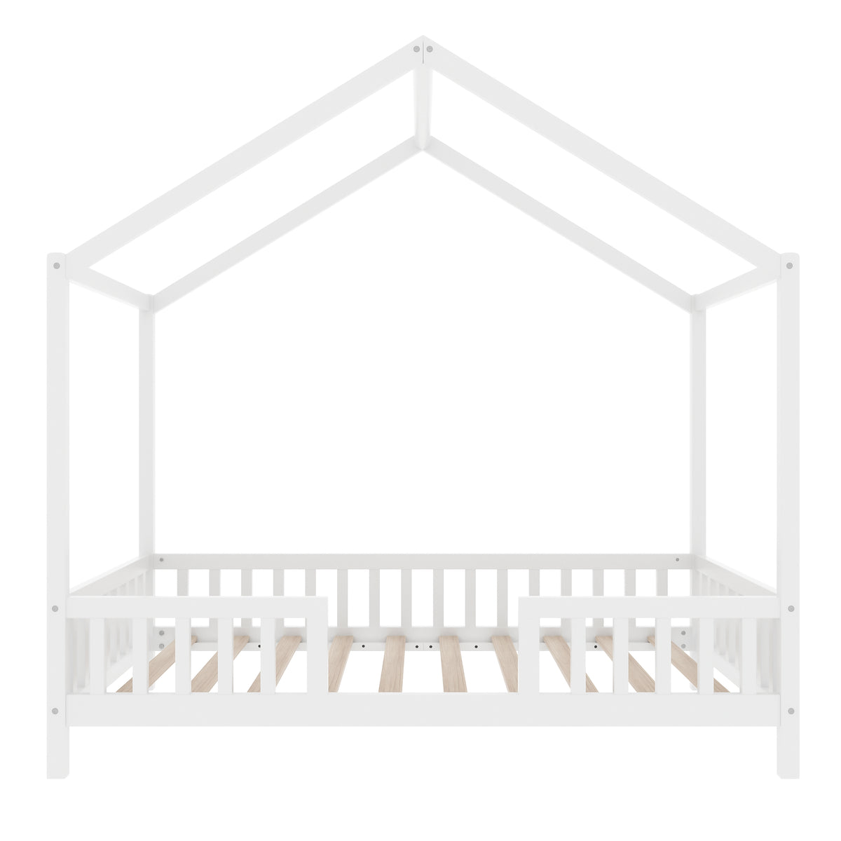 variant-group:rf-n733p356043k|Roomfitters Twin Montessori Floor Bed with Canopy, House Shape Wood Frame with Safety Rails, Youth Platform Bed, White