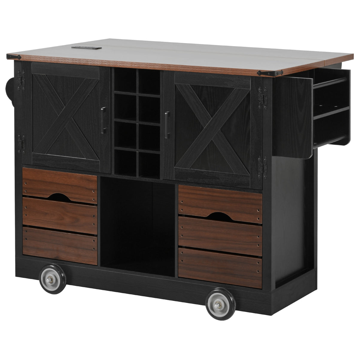 variant-group:rf-n707p349814b|Roomfitters 54" Farmhouse Kitchen Island with Drop Leaf, Power Outlet, Wine Rack, 2 Drawers, 2 Doors, Black
