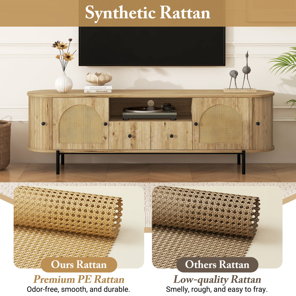 variant-group:rf-n724p437189d|Roomfitters American Style TV Stand with Rattan Arched Doors, Steel Legs, Burly Wood