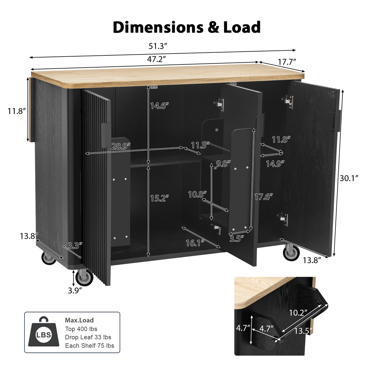 variant-group:rf-n707p221446b|Roomfitters 51" Fluted Kitchen Island with Drop Leaf, Rolling Cart with Storage Rack, Farmhouse Style, Towel Rack, Black