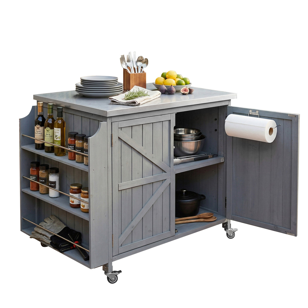 variant-group:rf-n707p370287g|Roomfitters 42.1" Grill Cart, Outdoor Kitchen Island with Stainless Steel Top, BBQ Prep Station with Spice Rack, Grey+Blue