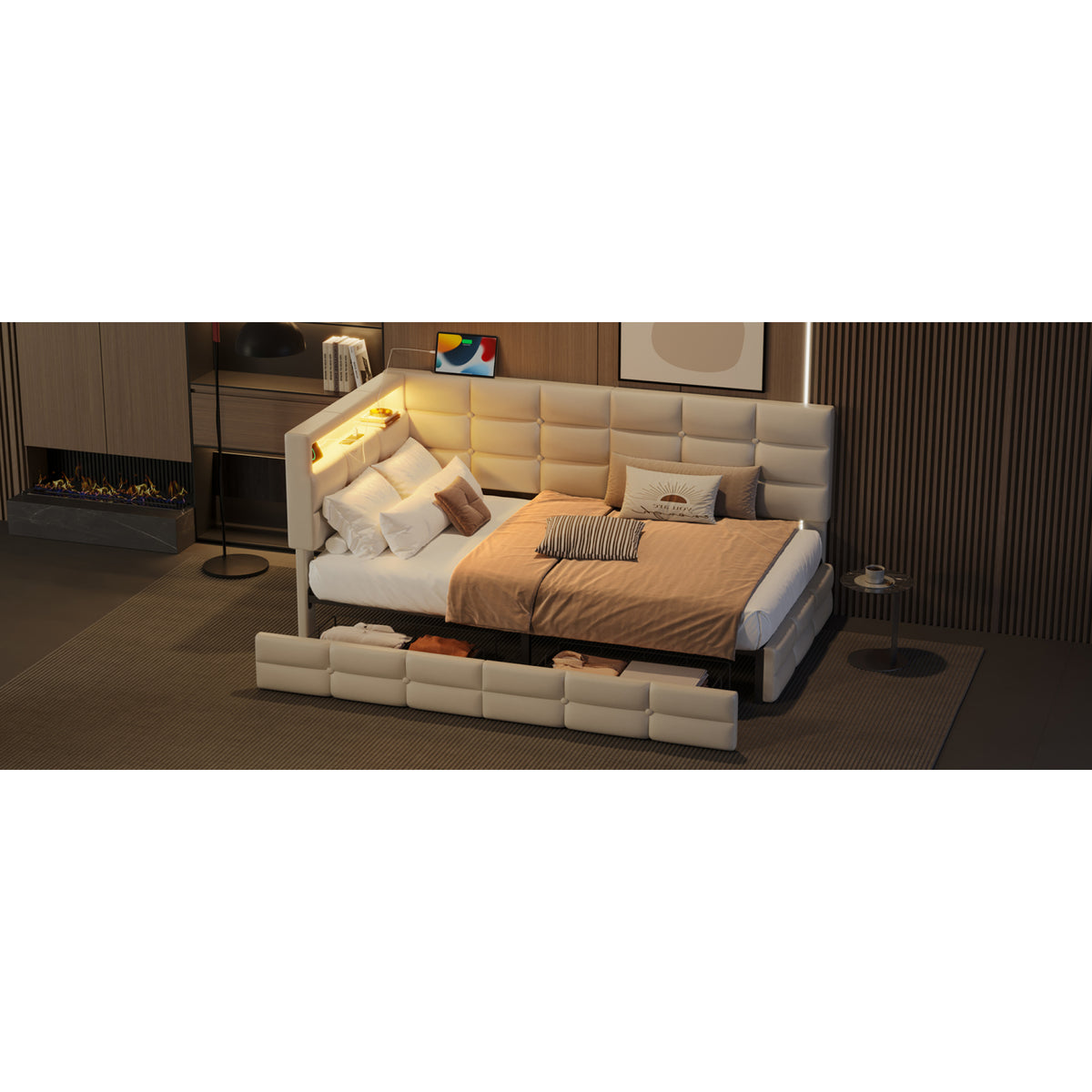 variant-group:rf-n733p285121a|Roomfitters Upholstered Twin Size Daybed with Storage Drawers and Charging Station, Bed Frame with Storage Headboard, No Box Spring Needed, Beige
