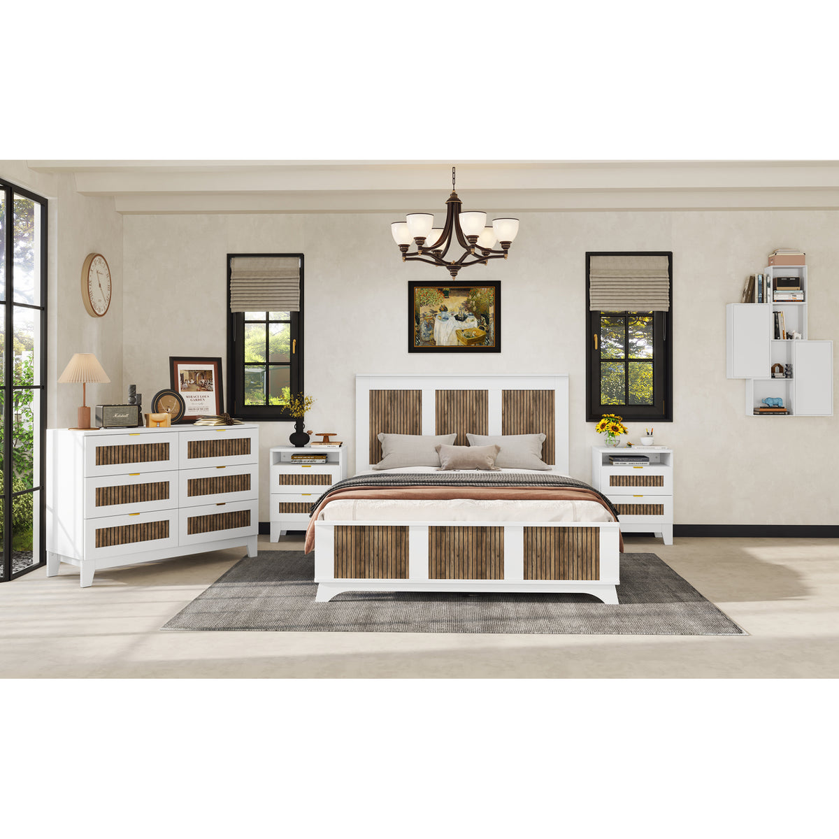 variant-group:rf-n733wf530906aak|Roomfitters Farmhouse Wooden Platform Queen Size Bed, Modern Platform Bed with Wooden Strip Decoration and Plywood Slats Support, White