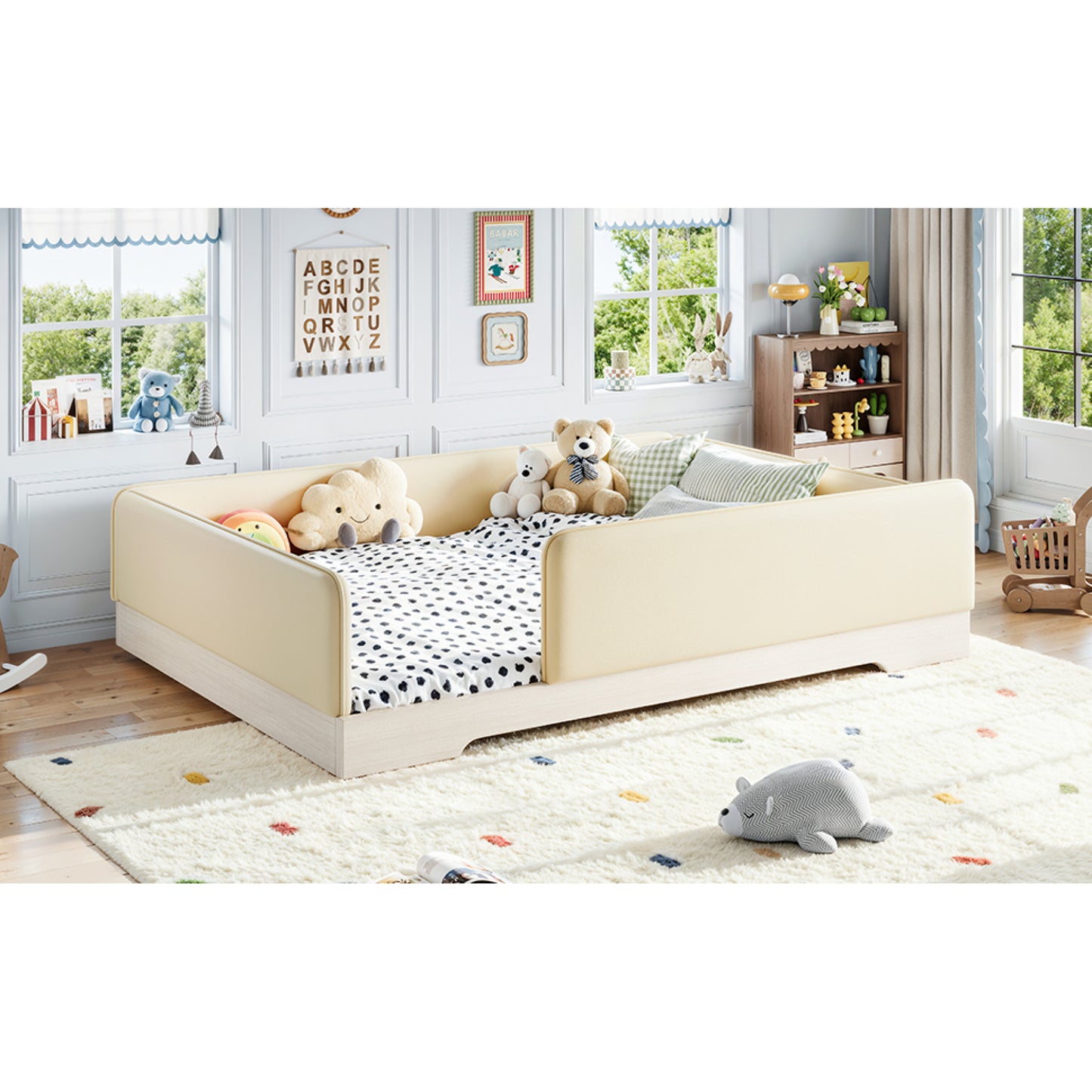 variant-group:rf-w1580s00673|Roomfitters Queen Size Upholstered Floor Bed Frame with Removable Guardrails, Faux Leather Low Profile Platform, Beige