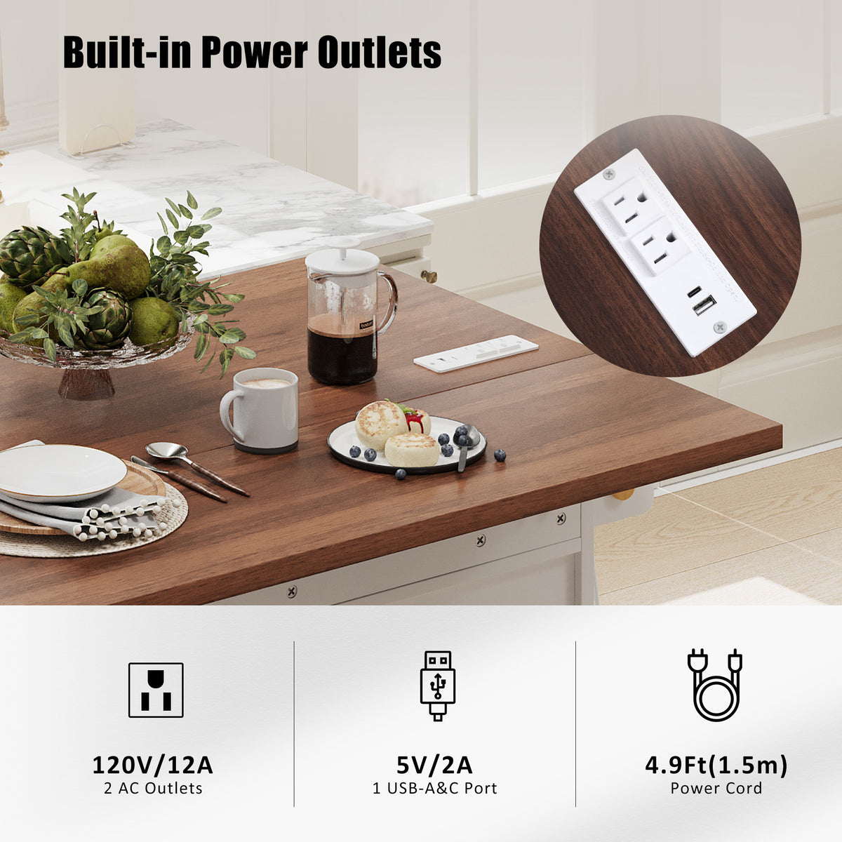 variant-group:rf-n707p254872w|Roomfitters 46.5" Rolling Kitchen Island with Drop Leaf, Mobile Cart with 2 AC Outlets & USB, Beaded Drape & 3 Drawers, White