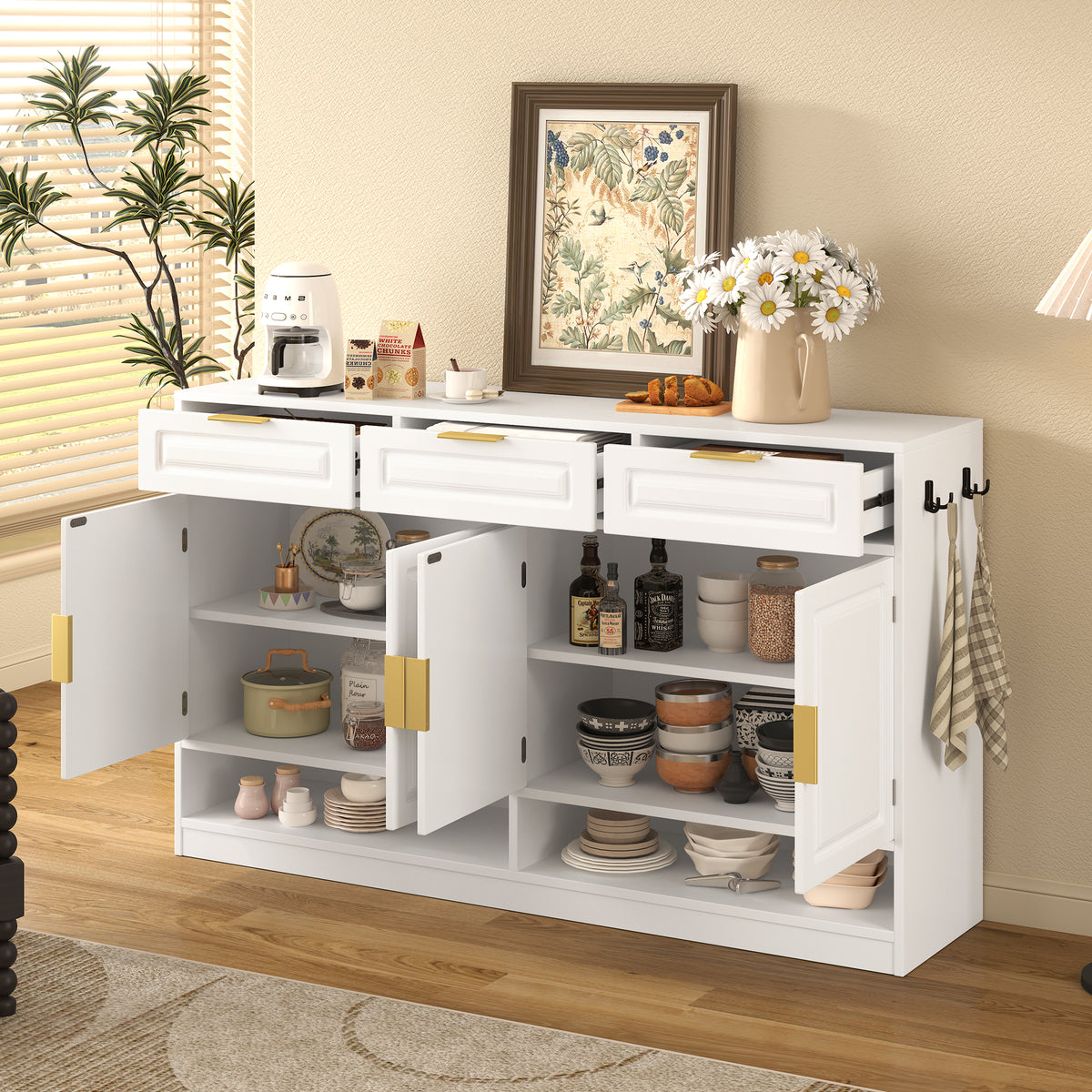variant-group:rf-n711p345213k|Roomfitters 59.1" Farmhouse Sideboard Buffet Cabinet with 3 Drawers and 4 Doors, Kitchen Storage with Open Shelf, White