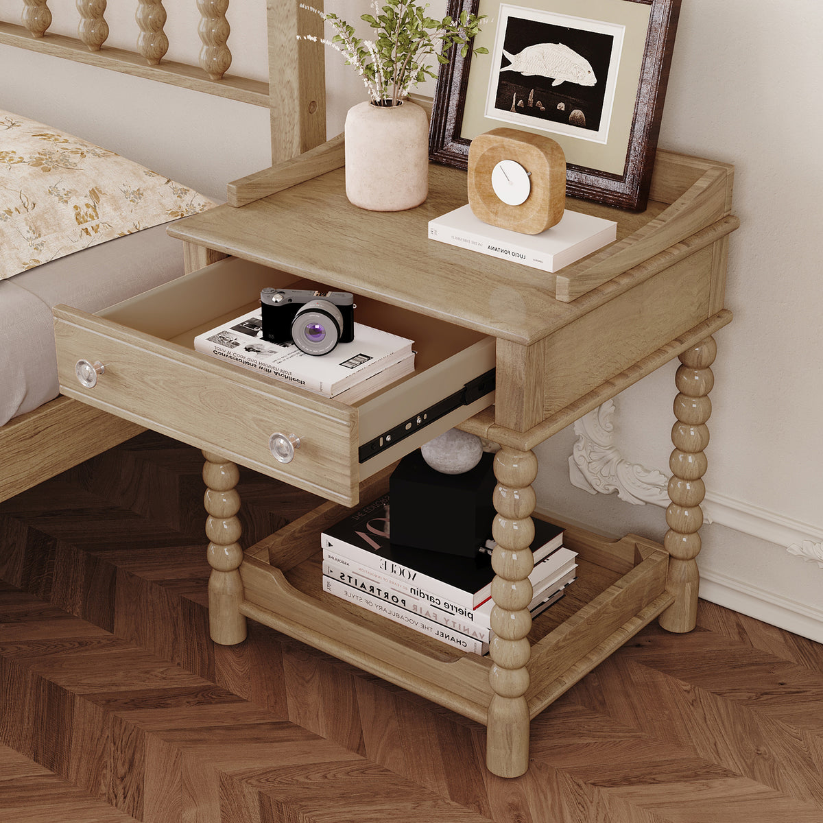 variant-group:rf-n733p206240m|Roomfitters Retro Nightstand Bedside Table with Open Shelf and Storage Compartment, Metal Handle Accent, Natural