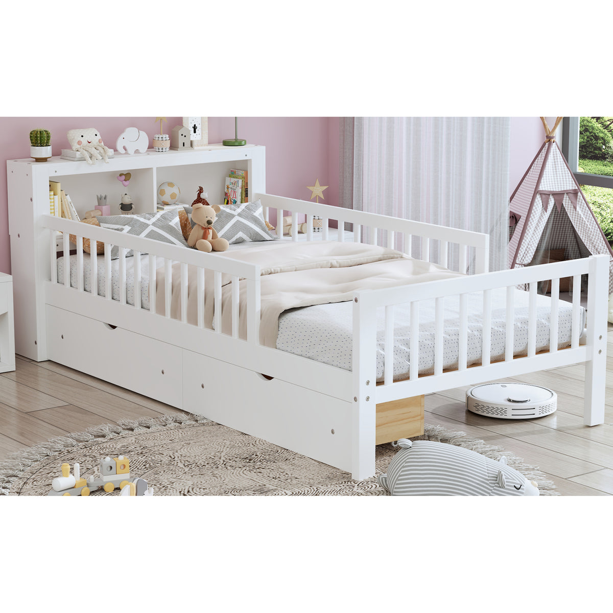 variant-group:rf-n733p272374k|Roomfitters Twin Bed with Headboard Storage Rack, Under-Bed Storage and Three-Side Guardrails, White