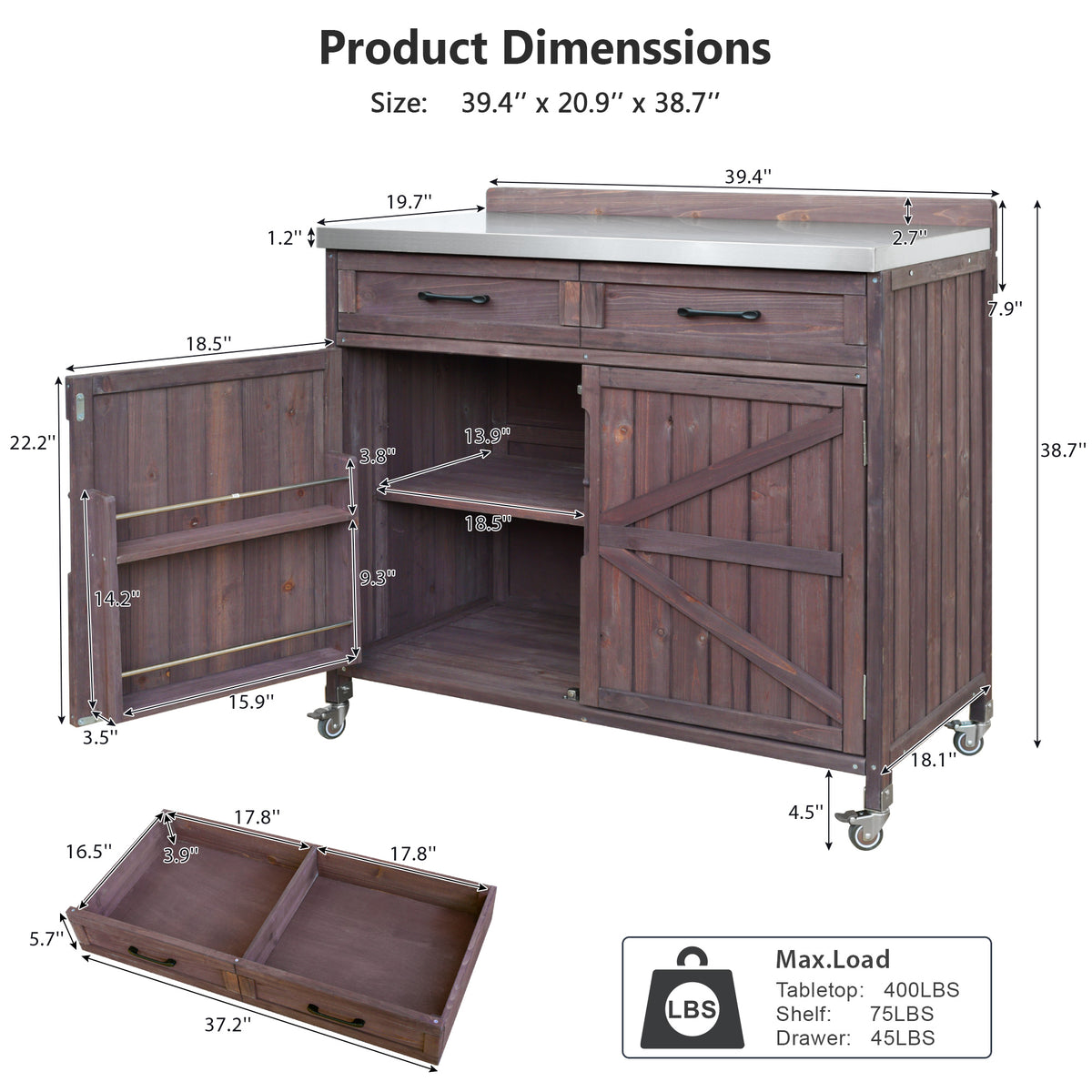 variant-group:rf-n707s000024z|Roomfitters 2-Piece Outdoor Grill Cart with Stainless Steel Top, Sink and Faucet, BBQ Prep Station, Dark Brown