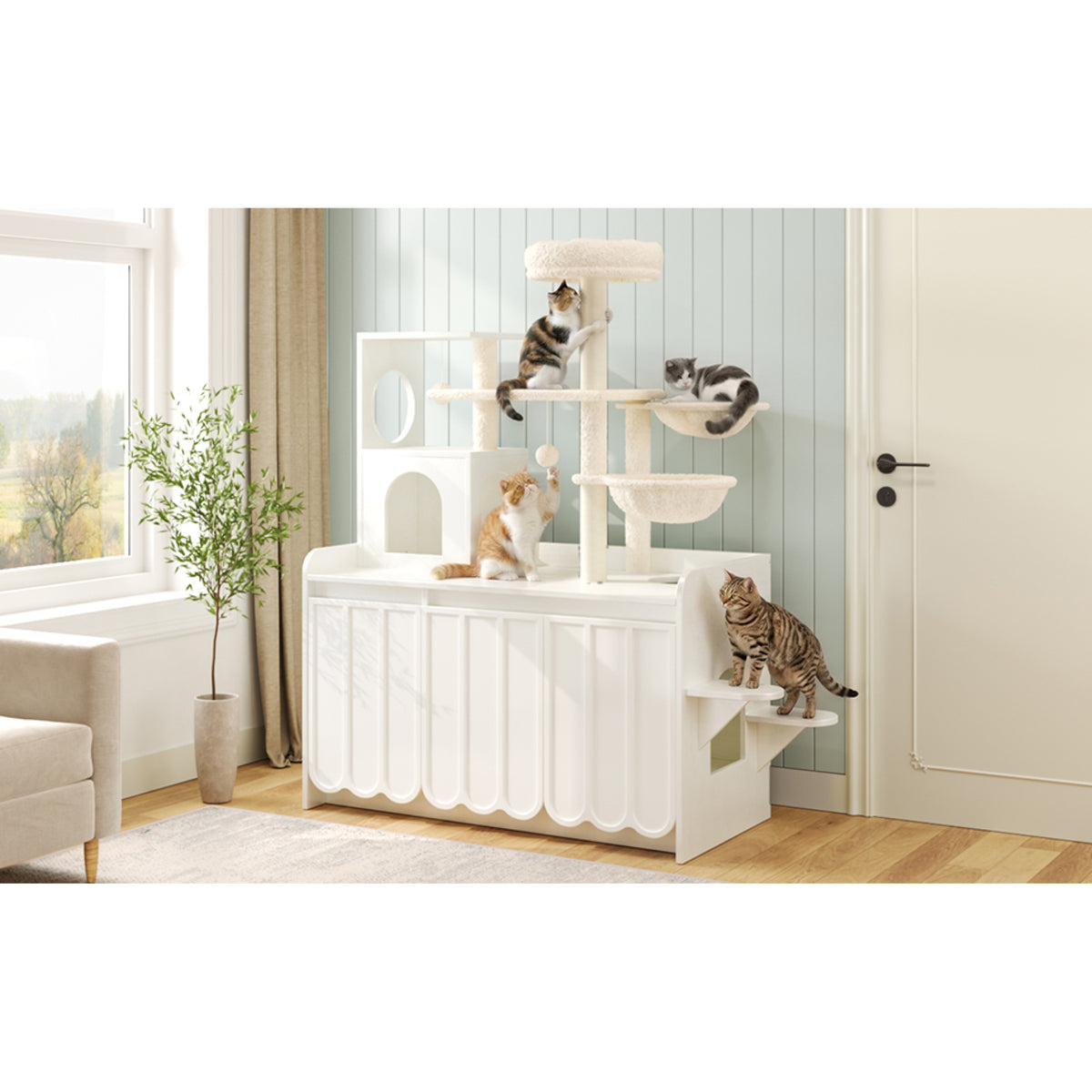 variant-group:rf-n704p443505k|Roomfitters All-in-One Modern Multi-Level Cat Tree Tower Condo with Hidden Litter Box Enclosure Space White