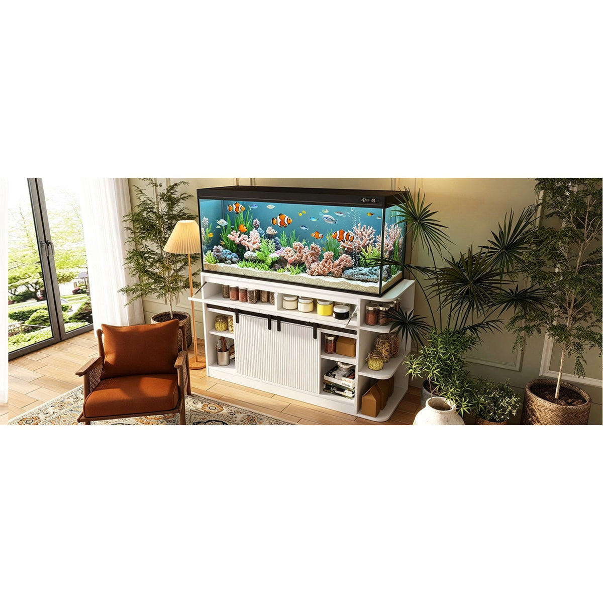 Roomfitters 75 Gallon Fish Tank Stand with Smart App RGB LED Lights Sliding Fluted Doors and Power Outlets White Roomfitters