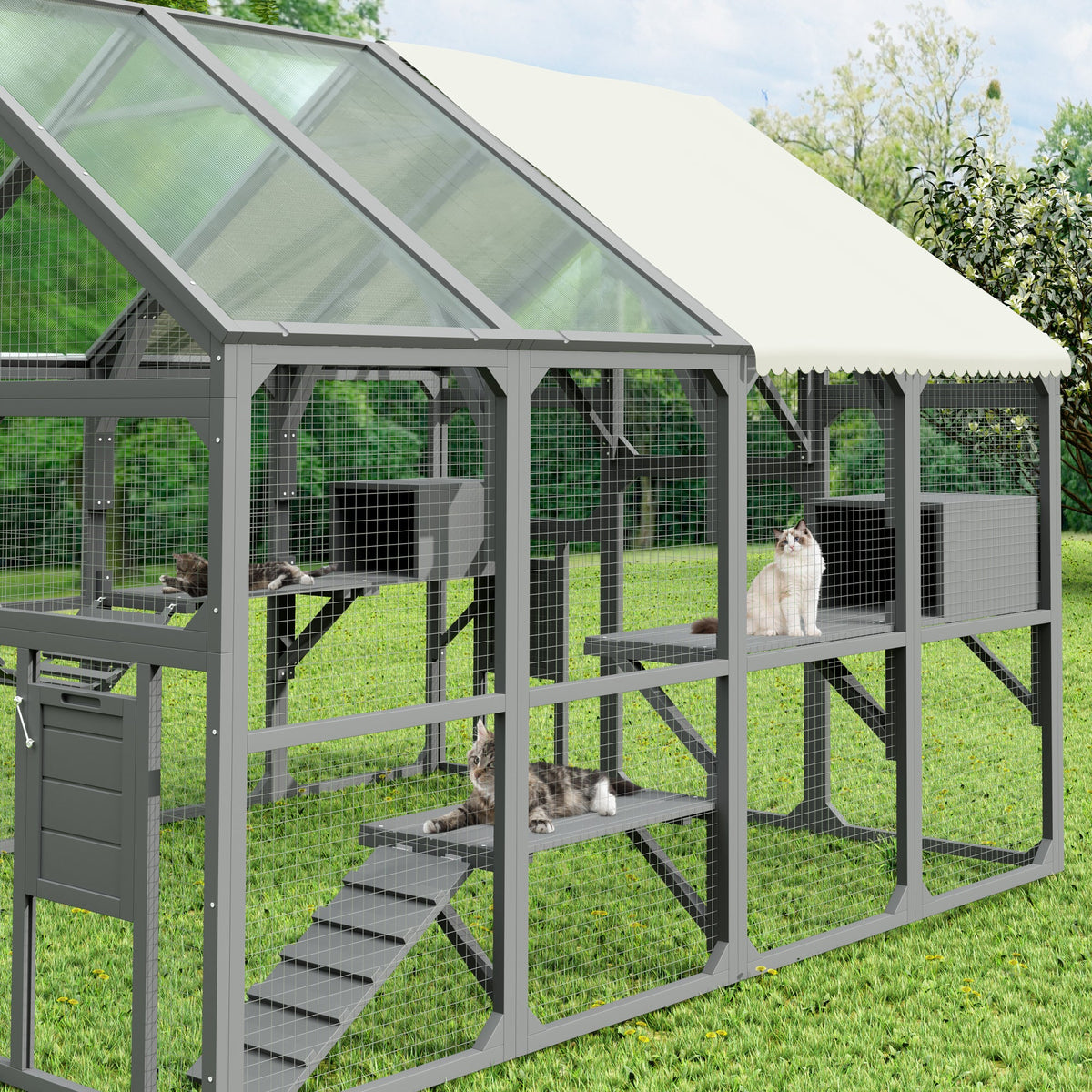 Roomfitters Large Catio Outdoor Cat Enclosure Wooden Cat House with 7 Platforms 2 Resting Boxes and Bridge Gray Roomfitters