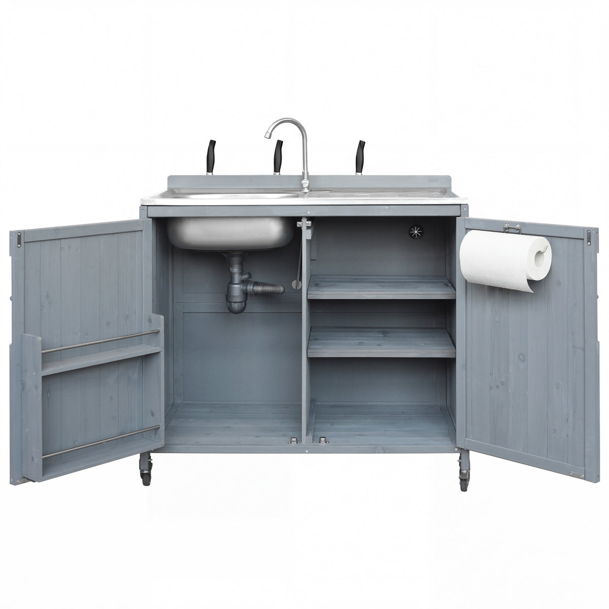 variant-group:rf-n707p370281g|Roomfitters 39.4" Outdoor Grill Cart with Stainless Steel Top, Prep Station with Sink and Storage Cabinet, Grey+Blue