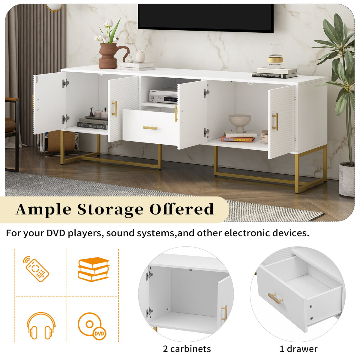 Roomfitters Modern TV Stand for up to 70 Inch TV, Media Cabinet with Drawer, Metal Legs and Safety Features, White Roomfitters