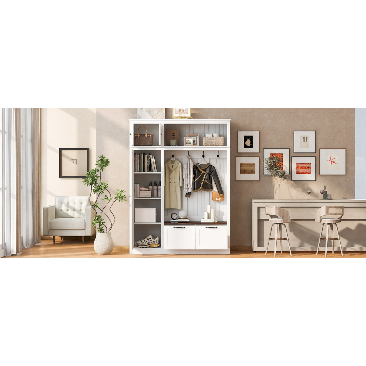 variant-group:rf-n724sj000160aak|Roomfitters 3-in-1 Entryway Hall Tree with Overhead Storage Cabinet, 2 Drawers, White