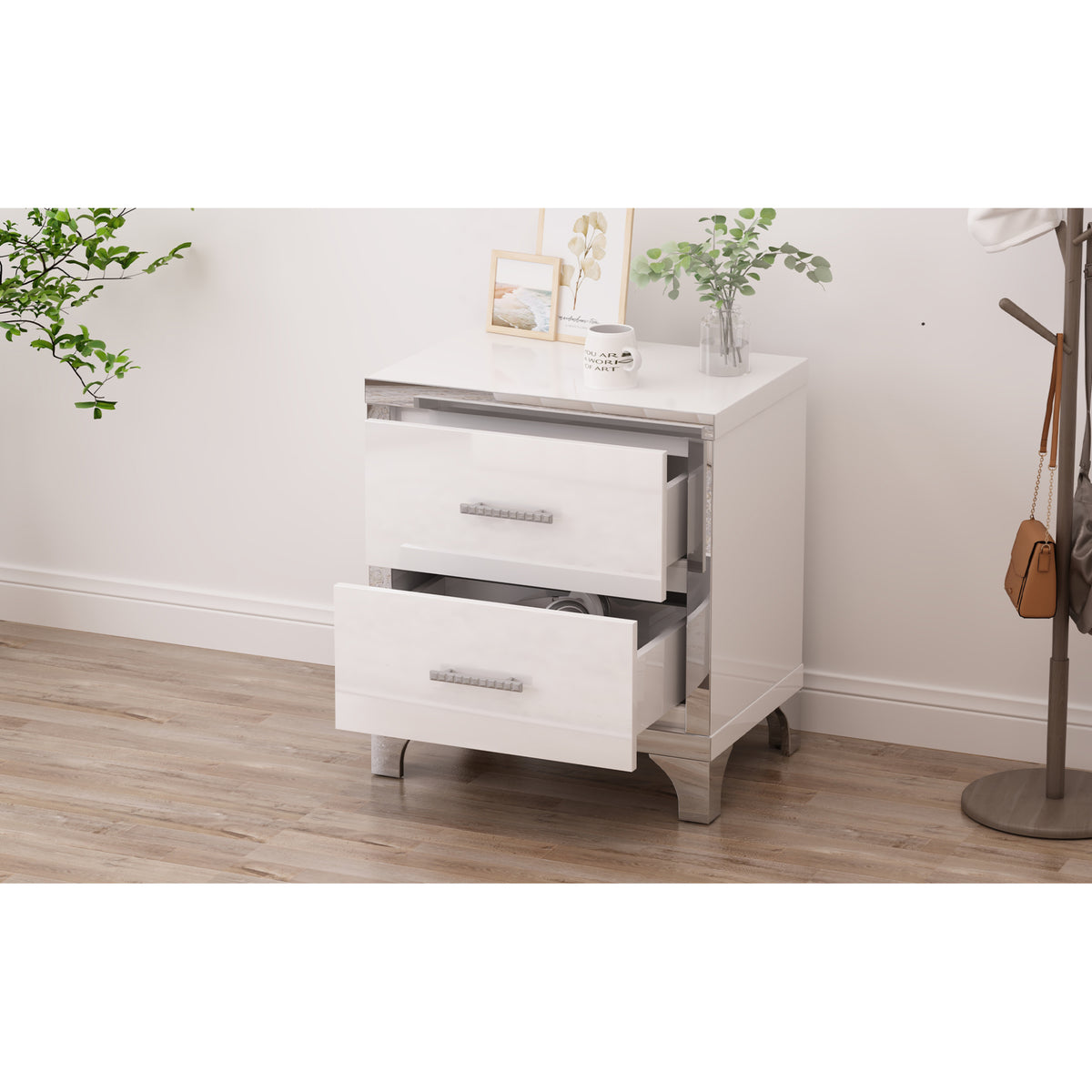 variant-group:rf-n733p205356k|Roomfitters High Gloss Nightstand with Metal Handle, Mirrored Bedside Storage Table for Bedroom or Living Room, White