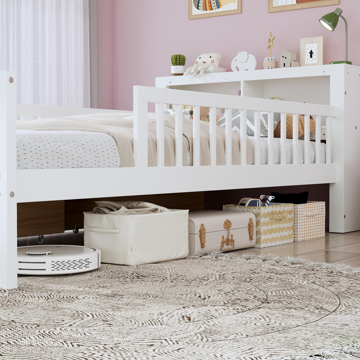 variant-group:rf-n733p272374k|Roomfitters Twin Bed with Headboard Storage Rack, Under-Bed Storage and Three-Side Guardrails, White