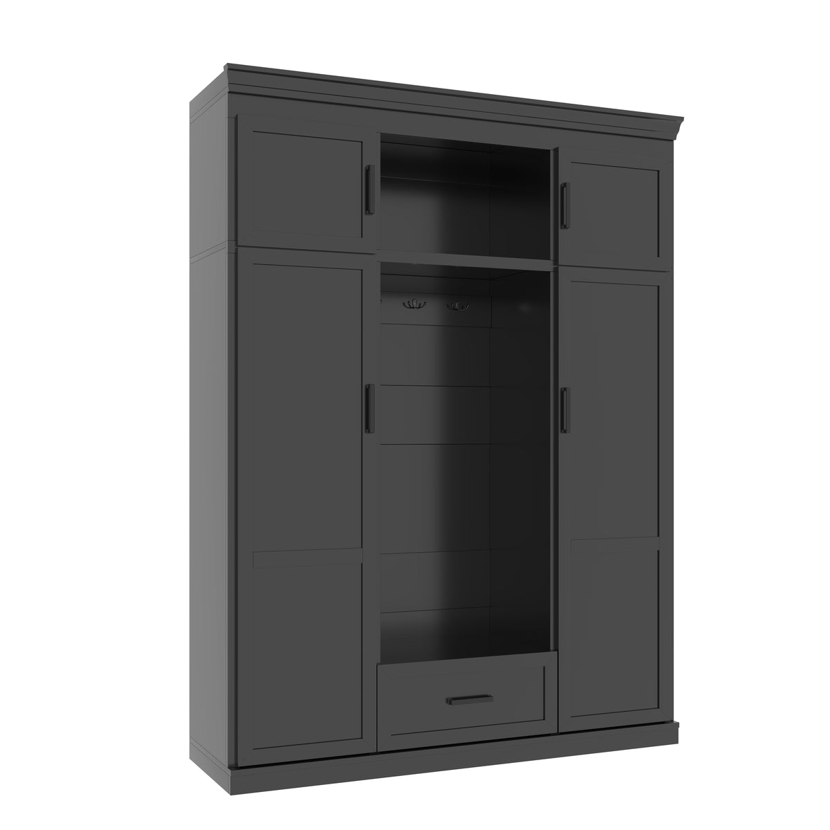 variant-group:rf-n724sj000140aab|Roomfitters 85.2" Hall Tree with Bench, 3 Hooks, 4 Doors, 1 Drawer and Adjustable Storage Shelves, Black