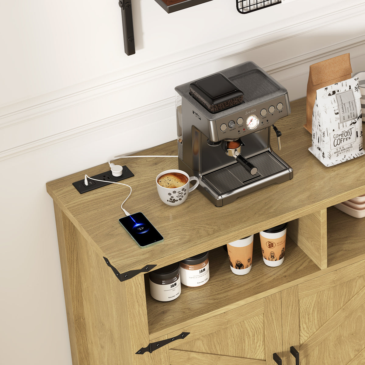 variant-group:rf-n711p347407o|Roomfitters 59" Sideboard Buffet Cabinet with 4 Door & Open Storage, Modern Farmhouse Industrial Coffee Bar Station, Natural
