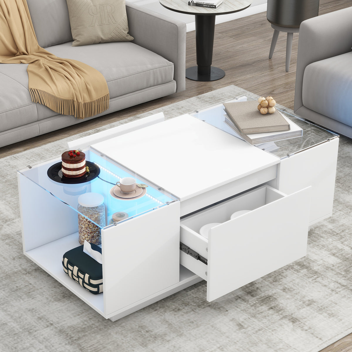 variant-group:rf-n724p290056k|Roomfitters Modern Center Coffee Table with High Gloss Finish, Glass Top and Hidden Storage Compartments, White