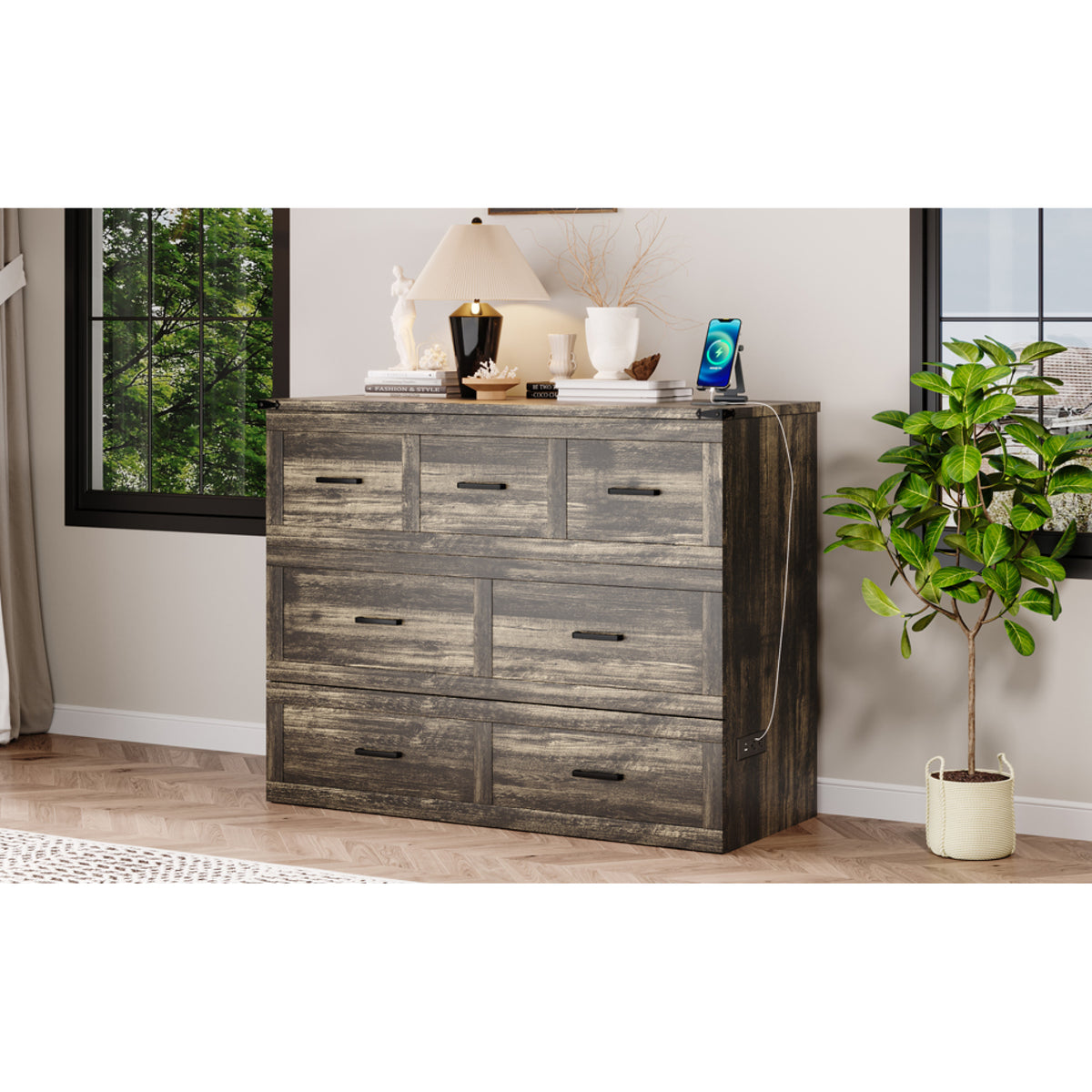 variant-group:rf-n733s293995g|Roomfitters Full Size Murphy Bed Cabinet with Charging Station, Foldable Platform Bed with Storage Drawer, Rustic Gray