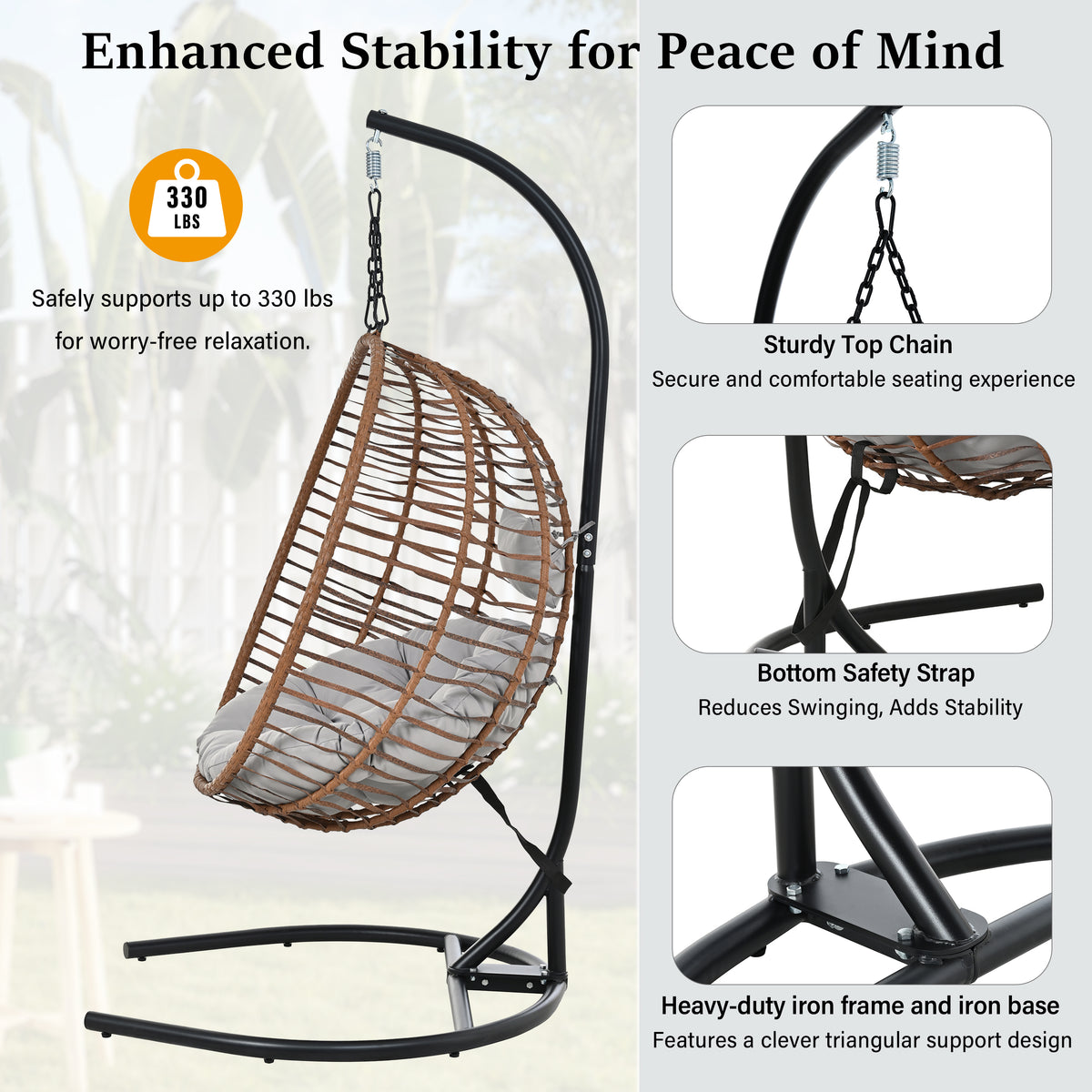 variant-group:rf-n711p389503g|Roomfitters Single Person Folding Egg Chair with Stand, UV Resistant Wicker Rattan Swing for Patio, Garden, Brown+Gray