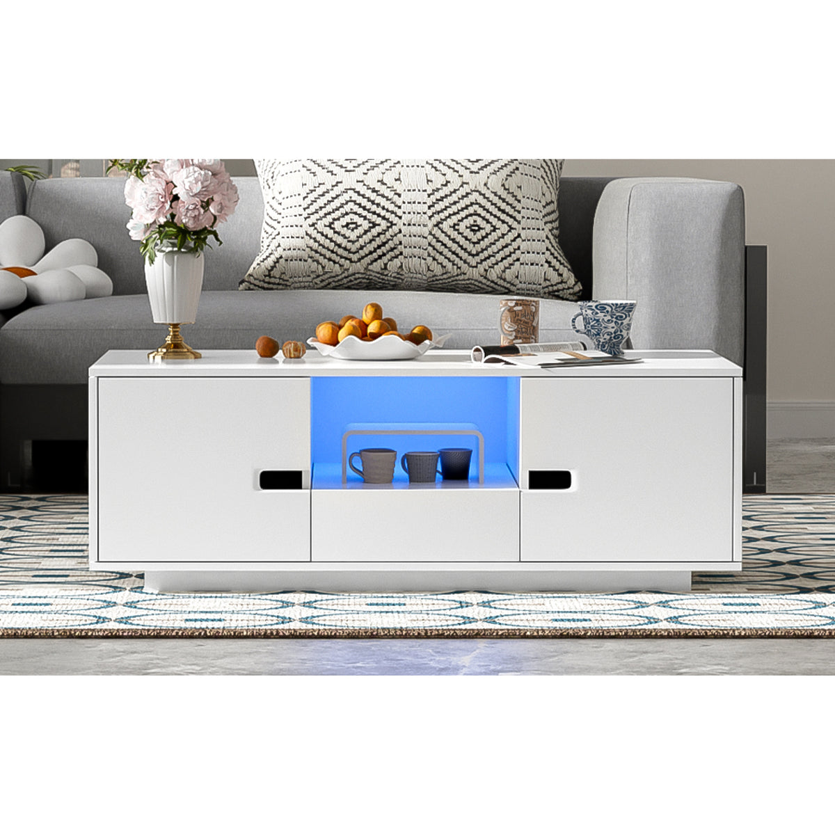 variant-group:rf-n724p294656k|Roomfitters Modern Glossy Coffee Table with Storage Space and Light Accent, Rectangle Center Table for Living Room, White