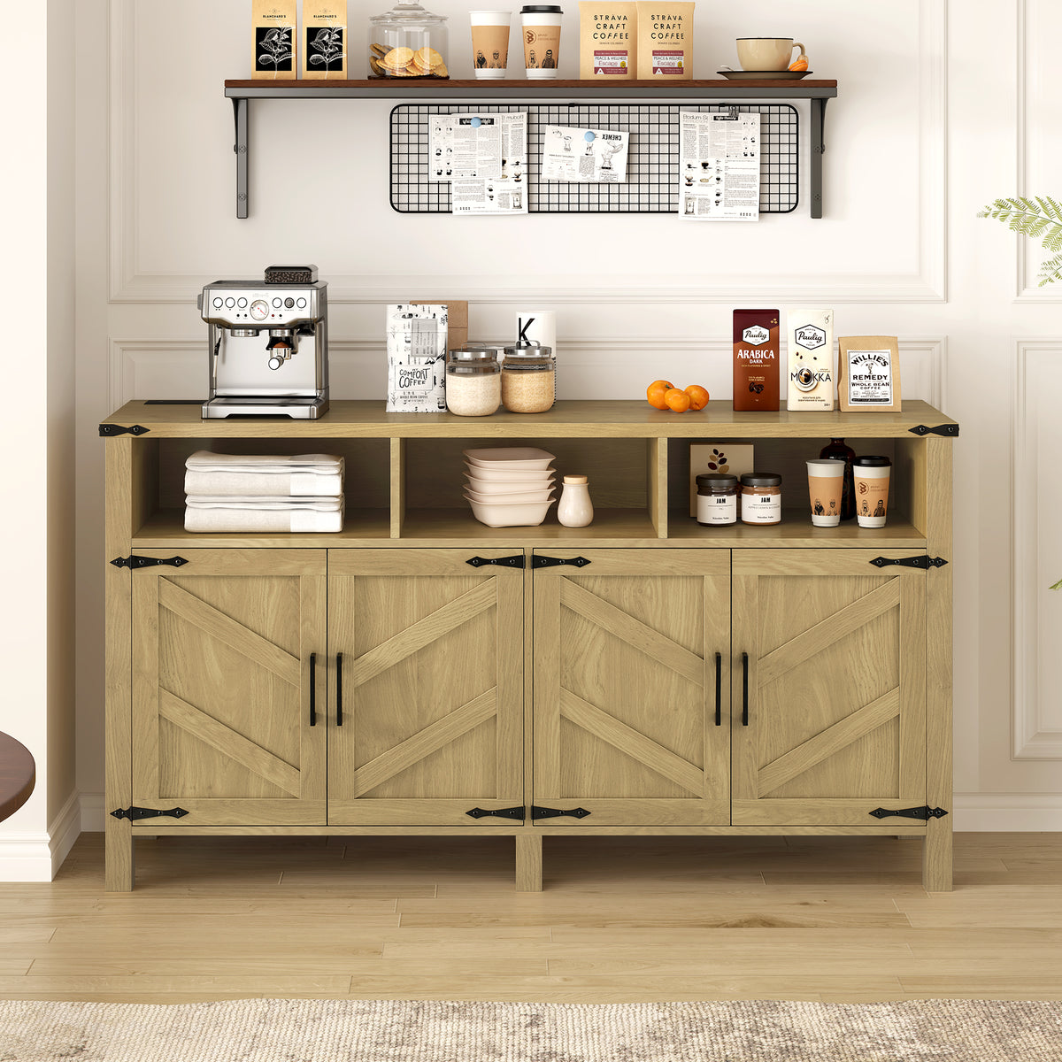 variant-group:rf-n711p347407o|Roomfitters 59" Sideboard Buffet Cabinet with 4 Door & Open Storage, Modern Farmhouse Industrial Coffee Bar Station, Natural