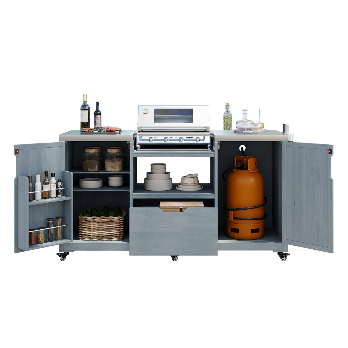 variant-group:rf-n707p250629g|Roomfitters 66.5" Outdoor Kitchen Island for Big Kamado Grills, Wood Grill Cart with Stainless Steel Top, Storage, Grey Blue