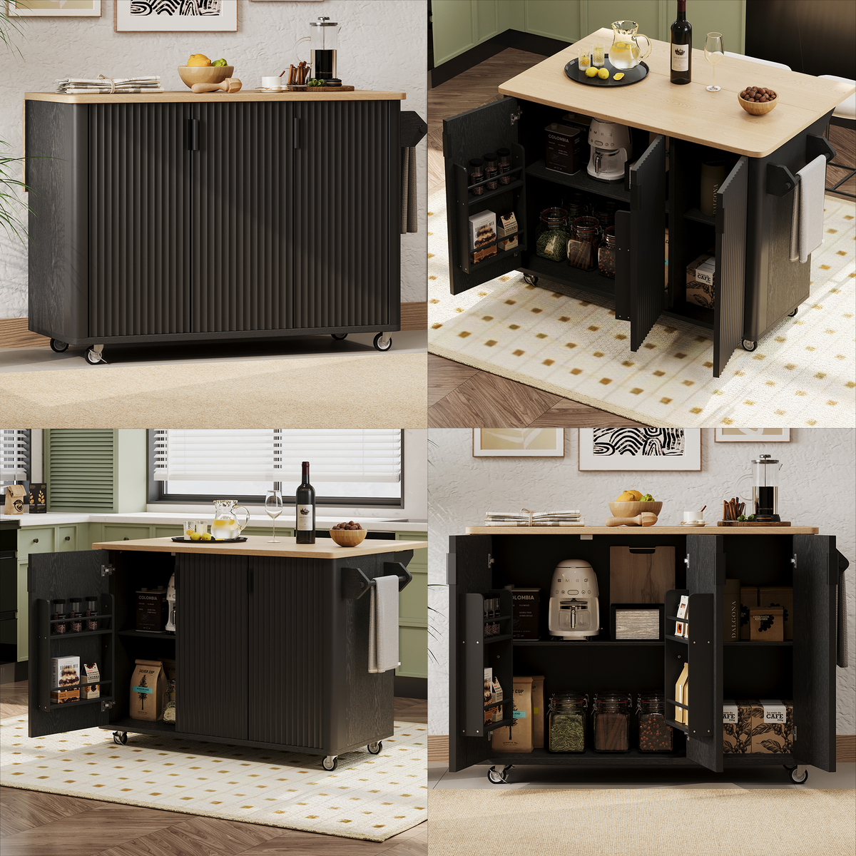 variant-group:rf-n707p221446b|Roomfitters 51" Fluted Kitchen Island with Drop Leaf, Rolling Cart with Storage Rack, Farmhouse Style, Towel Rack, Black