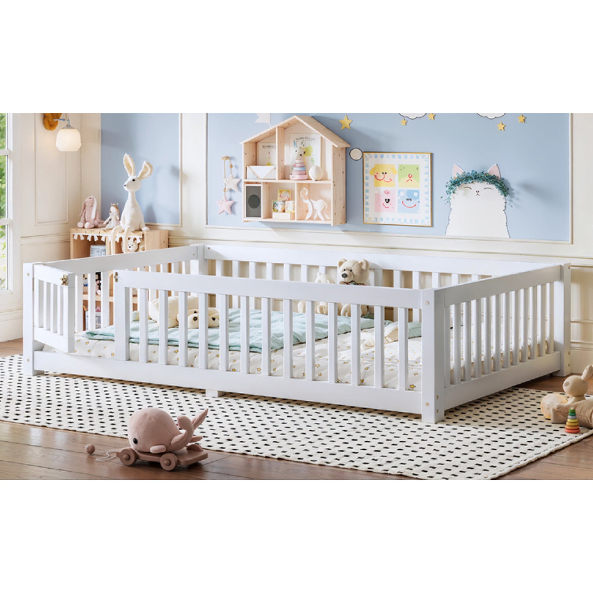 variant-group:rf-w1580p462317|Roomfitters Full Size Wooden Floor Bed Frame with Safety Guardrails Door, Solid Wood Low Profile Toddler Play Bed, White